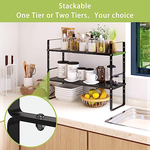 Expandable Cabinet Shelf Organizer Rack, Stackable Kitchen Countertop Organizer Storage Shelves, Adjustable Height Pantry Counter Shelf Riser Spice Rack (Black, 2 Pack) - view 4