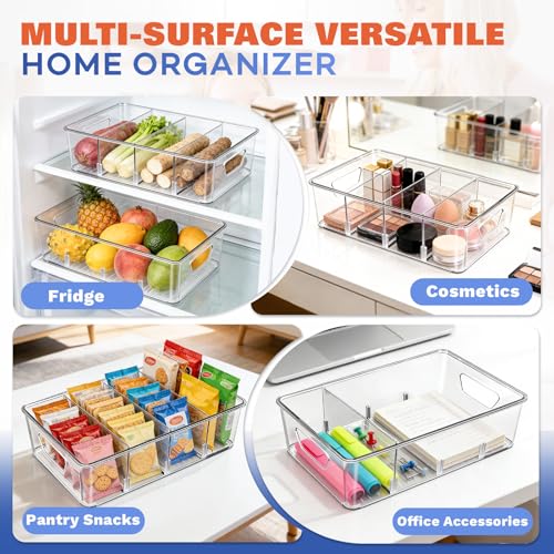 Stackable 4-Compartment Pantry Organizers and Storage, Clear Plastic Storage Bins with Removable Dividers Suitable for Pantry, Office, Kitchen, Cabinet & Fridge Organization, 2-Pack - view 3