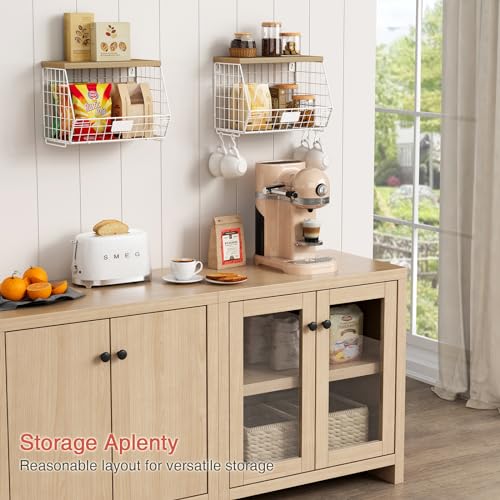 White Fruit Storage Basket for Kitchen Counter Set of 2, Wall Mount Wire Fruit Basket with Shelf with Banana Hanger, Hanging Countertop Organizer for Bathroom Pantry Cabinet, White + Natural - view 3