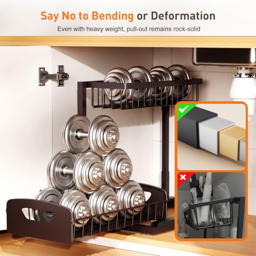 Under Kitchen Sink Organizer, Metal Pull Out Bathroom Organizers and Storage, 2-Tier Cabinet Organizer Shelf with Sliding Drawer, Home Organization for Kitchen, Laundry, Pantry, Brown, 2 pack - view 7
