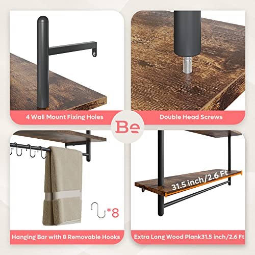 31" Industrial Pipe Wall Shelf with Towel Bar, Rustic Brown - view 3