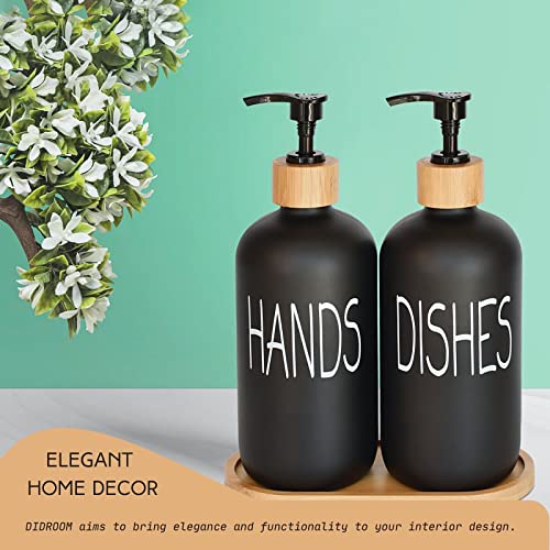 Glass Soap Dispenser Set. Hand and Dish with Bamboo Tray. Vintage Pump for Kitchen Drain Outlet Bathroom. Stylish Permanent Labels (Matte Black) - view 5
