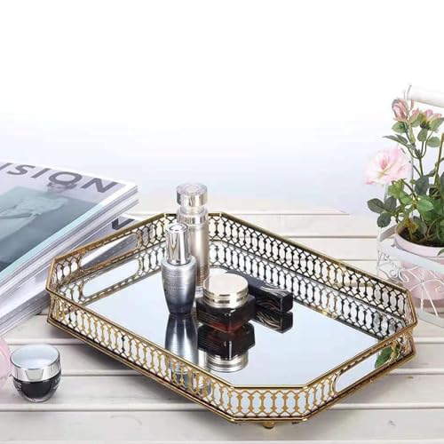 Vintage Gold Mirrored Vanity Tray – Decorative Perfume and Makeup Organizer with Handles for Dresser, Bathroom or Jewelry Display, Large Size 13.8" X 9.6" X2.2" - view 2