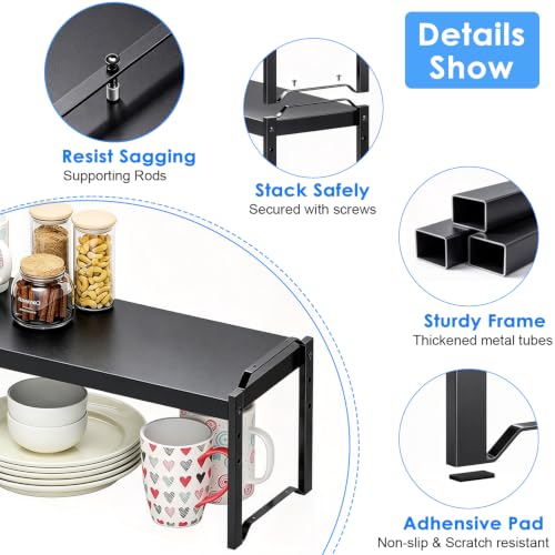 25.5 Inches 2 Pack Expandable Cabinet Shelves, Stackable Shelf Organizer for Kitchen Cabinet Countertop Storage, Adjustable Counter Cupboard Pantry Organizer Shelf Rack Stand Riser, Black - view 7