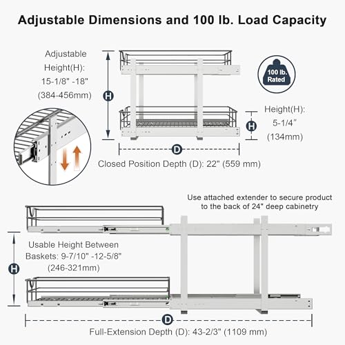 2 Tier Pull Out Cabinet Organizer - 8" W x 22" D Soft Close Slide Out Shelves with Shelf Liners - Pullout Drawers for Kitchen Cabinets, Pantry, Bathroom, Heavy Duty Steel Wire Baskets - view 3