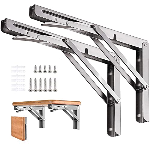 Folding Shelf Brackets Stainless Steel 16 inch 2 Pcs Max Load: 350 lb - Heavy Duty DIY Wall Mounted Collapsible Shelf Bracket, Space Saving for Garage Workstation, Stuff Supports, Table, Workbench