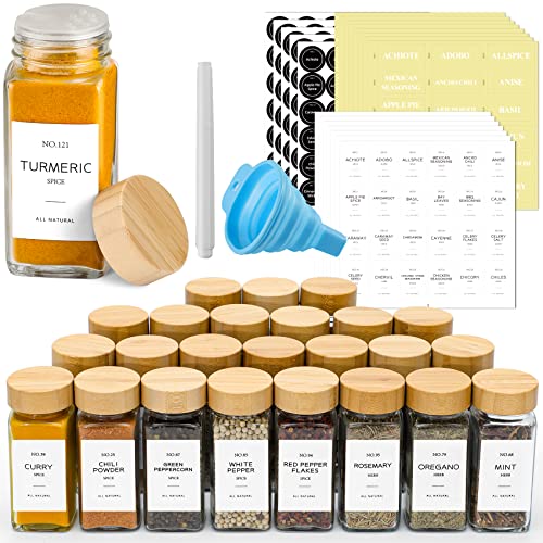 36 Pcs Glass Spice Jars with Bamboo Lids, 4 oz Glass Jars with Minimalist Farmhouse Spice Labels Stickers, Collapsible Funnel, Seasoning Storage Bottles for Spice Rack, Cabinet, Drawer