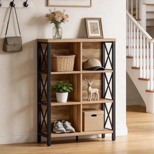 Bookcase and Bookshelf, Rustic 6 Cube Storage Organizer Shelf, Industrial 4 Tier Wood and Metal Cubby Book Shelf for Living Room, Bedroom, Kitchen, Entryway (Rustic Oak) - view 5