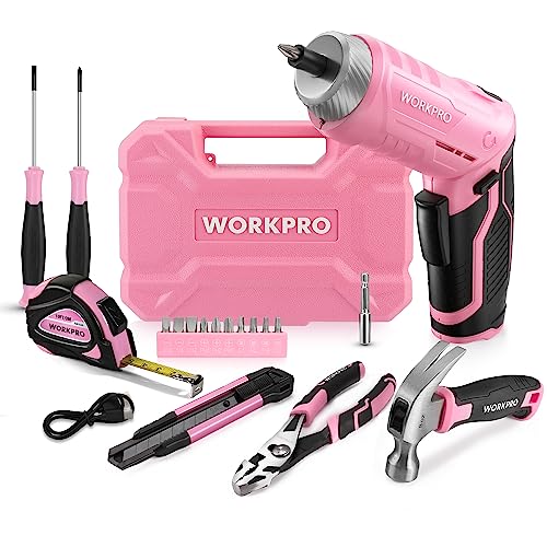 Pink Tool Set, 3.7V Electric Screwdriver Kit with Toolbox
