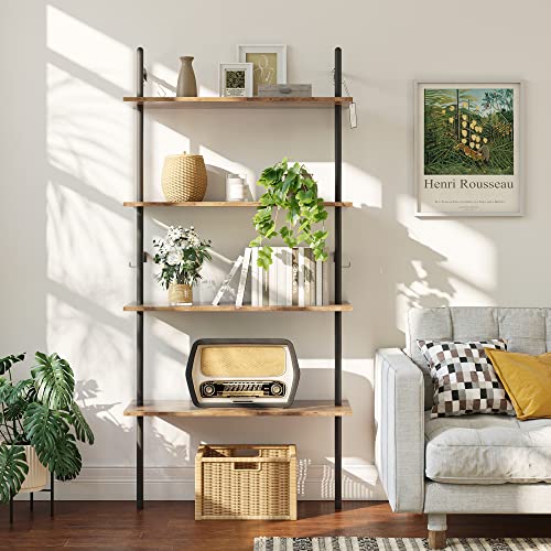 65" Industrial Wall-Mounted Ladder Shelf 4 Tier Bookshelf with Storage Organizer Plant Flower Display Stand Round Tube Bookcase Rack with 2 Hooks for Home Office,Large,Rustic Brown