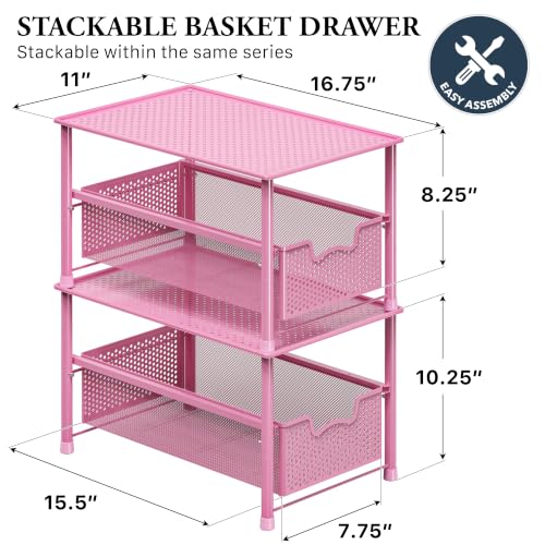 Stackable Under Sink Sliding Basket Drawer, Pink - view 2