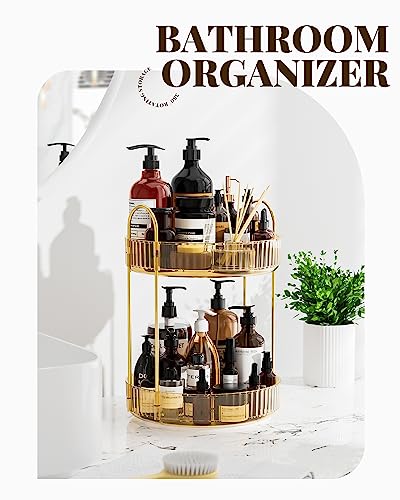 Bathroom Organizer Countertop, Rotating Makeup Organizer for Vanity, 2-Tier Make Up Organizers and Storage, Vanity Tray Shelf for Cosmetic, Skin Care, Lotions (Champagne Gold) - view 5