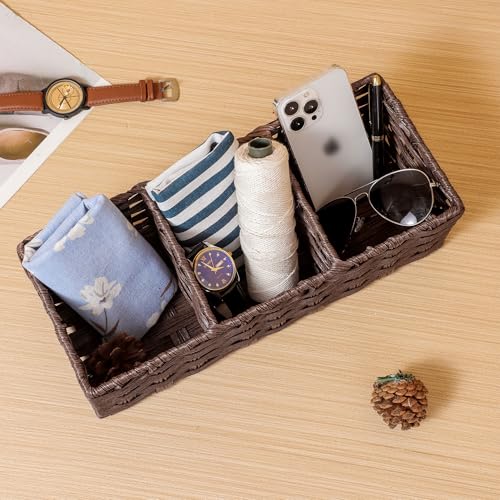 Toilet Tank Topper Paper Basket Multiuse Hand Woven Plastic Wicker Basket Bins with Divider for Shelves Rustic Farmhouse Bathroom Decor Countertop Organizer Storage - view 4
