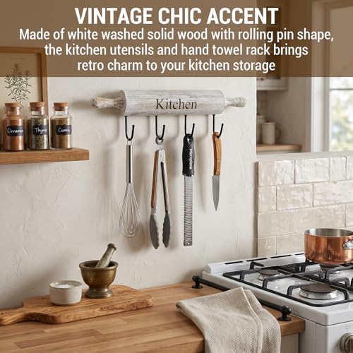 White Washed Wood Kitchen Utensil Rack with 4 Hooks, Wall Mounted - view 2