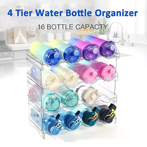 4 Pack Plastic Water Bottle Organizer Rack, Stackable Storage Holder Rack - Water, Wine, and Drink Organizer Shelf for Kitchen Countertop, Cabinet, Pantry, Fridge, Freezer - view 4