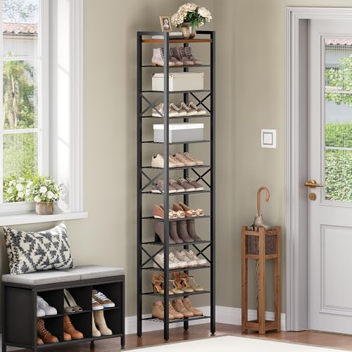 12-Tier Narrow Shoe Rack, Tall Shoe Rack for 12-24 Pairs, Slim Shoe Storage Organizer with Wooden Top, Space Saving, Metal Frame, for Entryway, Rustic Brown and Black SS61BR - view 2