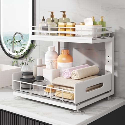 Under Sink Organizer Upgrade To Professional Rails,2-Tier Dual Pull Out Cabinet Storage,Height Adjustable Slide Out Drawers For Bathroom Kitchen,2 Pack-14.5" Dx12.8-16.9" H,White - view 7