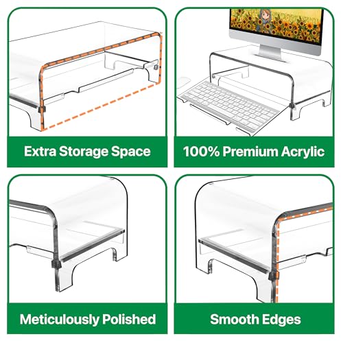 2 Tier 5.7 Inch High Acrylic Laptop Monitor Stand & Computer Riser with Cat Keyboard Protector, Space-Saving Design, Extra Storage, Clear Shelf - Ideal for Monitors, Laptops, Printers, Desktop - view 6