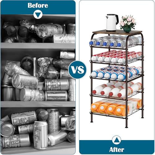 Water Bottle Organizer 5 Tier Free Standing Water Bottle Holder Rack Large Capacity Bottled Water Storage Rack Metal Soda Can Beverage Drink Stand Shelf for Kitchen Pantry Office, Brown - view 4