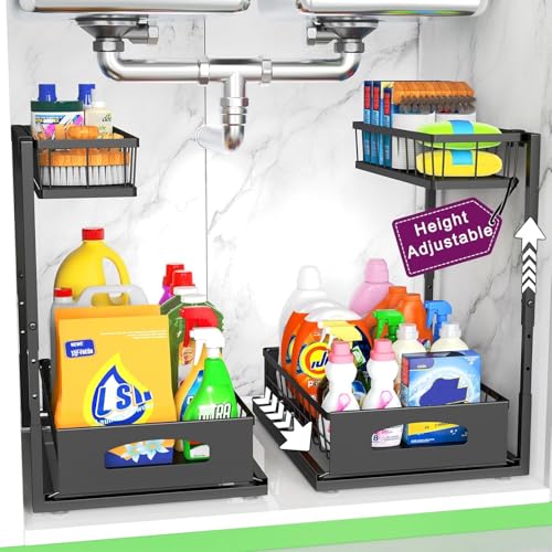 Under Sink Organizer, 2 Pack Height-Adjustable Cabinet Organizer with Slide-Out Bottom Drawer, Fits Around Pipes, Heavy-Duty Metal Storage for Kitchen and Bathroom, Black (Black, 2 Pack)