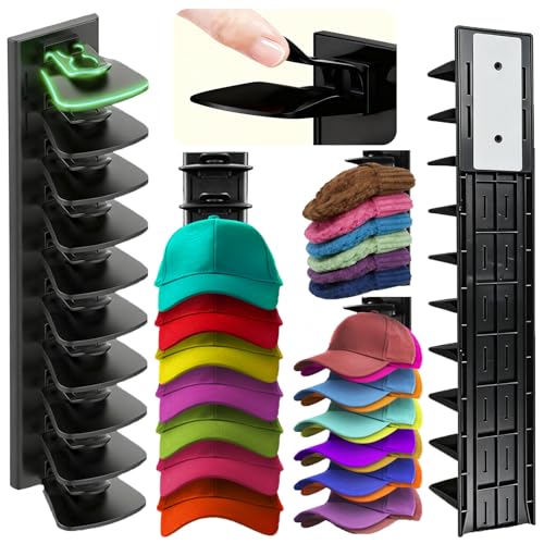 2Pack Upgraded 80% ABS Plastic Hat Organizer for Baseball Cap,Hat Rack Strong Adhesive Hat Holder for Wall Hold Up to 20 Hats,Multi-layer Hat Storage Shelf for Closet,Door,Bedroom (2)