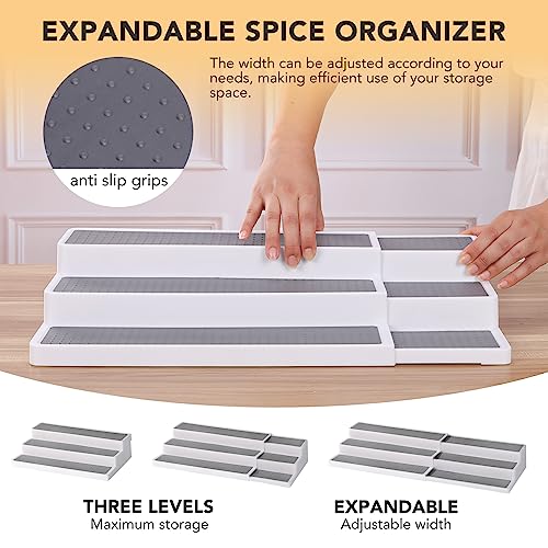 3 Tier Expandable Spice Rack Organizer, White/Grey Plastic Spice Rack, Adjustable Length 14.6In-25.8In, 2 Pack Non-Skid Tiered Spice Shelf Organizer for Kitchen Cabinet, Cupboard, Pantry - view 3