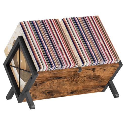 Vinyl Record Holder, Record Storage Rack Holds 80-100 LP，Wooden and Metal Record Organizer, Quick Assembly Magazine Holder for CDs, Magazine, Albums, Rustic Brown and Black CJ06BR