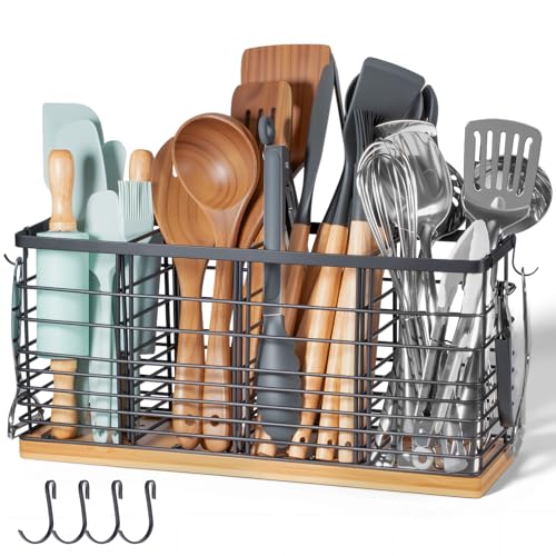 4 Compartments Extra Large Kitchen Utensil Holder with Wooden Base, Metal Organizer for Kitchen Countertop, Matte Black Cooking Utensils Holder with 4 Hooks for Tools Storage