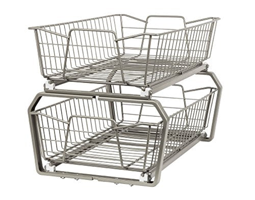 11 in. Pull Out Cabinet Organizer, 2 Tier, Heavy Duty, Slide Out Pantry Shelves Drawers for Kitchen, Bathroom, Nickel