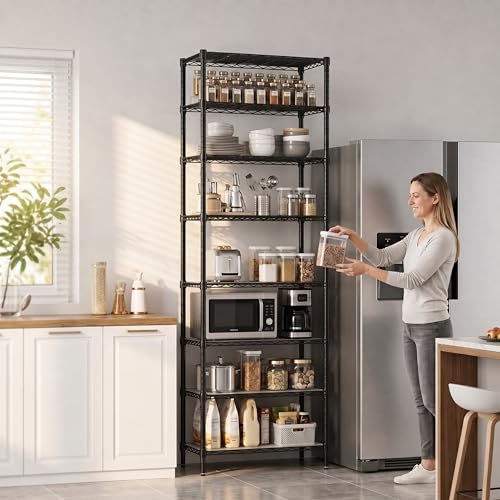 8-Tier Wire Shelving Unit Adjustable Steel Wire Rack Shelving, 80.7 Inches Height 8 Shelves Metal Storage Rack, Pantry Shelves for Storage with PE mat, NSF Certified, Black - view 2