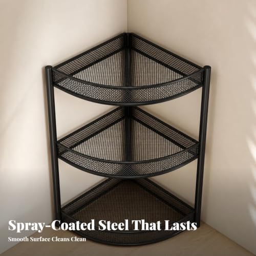 Corner Storage Shelf Triangular Metal Rack with Three Ventilated Mesh Tiers for and Kitchen Organization Compact for, Black, 3-Layer Mobile - view 6