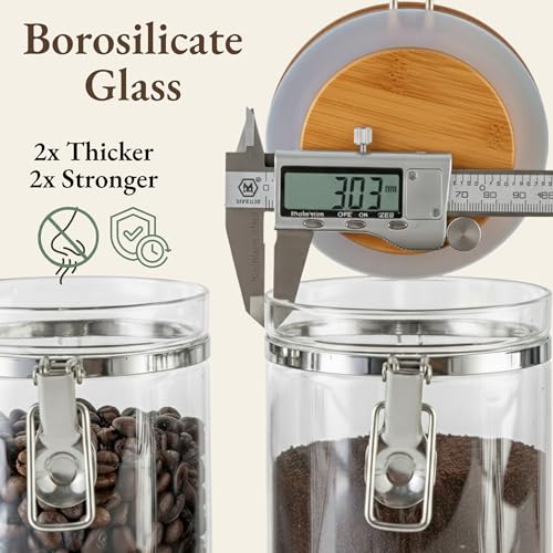 Airtight Coffee Canister with Scoop | Curated Glass Storage Set for Beans, Grounds & Sugar | 9-Piece Ritual Organizer with Bamboo Base, Versatile Artisan Spoon, Labels & Cleaning Brush - view 5