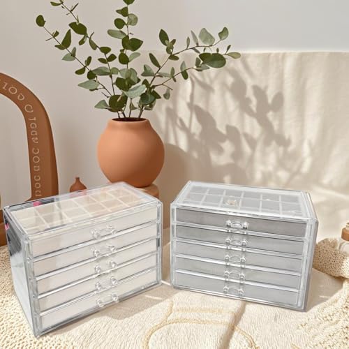 Acrylic Earring Holder Organizer with 5 Drawers Clear Earring Organizer Box with 90 Adjustable Grids Velvet Earring Display Case Jewelry Organizer for Earrings Rings Studs (Beige) - view 6