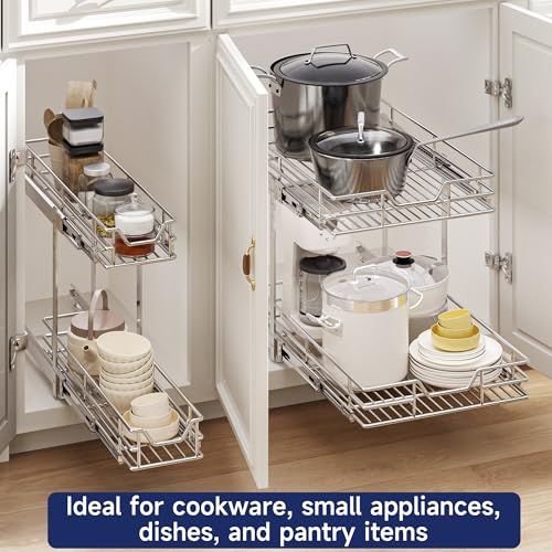 2-Tier Pull Out Cabinet Organizer, 13.5" W x 21.5" D, Heavy Duty Dual Slide Out Shelves for Base Cabinets, Chrome Wire Basket Drawer for Pantry, Kitchen & Bathroom Storage - view 6