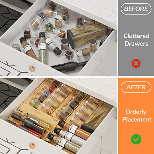Bamboo Spice Drawer Organizer with Non-slip Mat,4 Tier - 2 Set Jar Spice Rack Tray From 12''to 24'',Hold up 48 Jars Seasoning Organizer for Kitchen,Cabinet,Drawers,Countertop - view 6