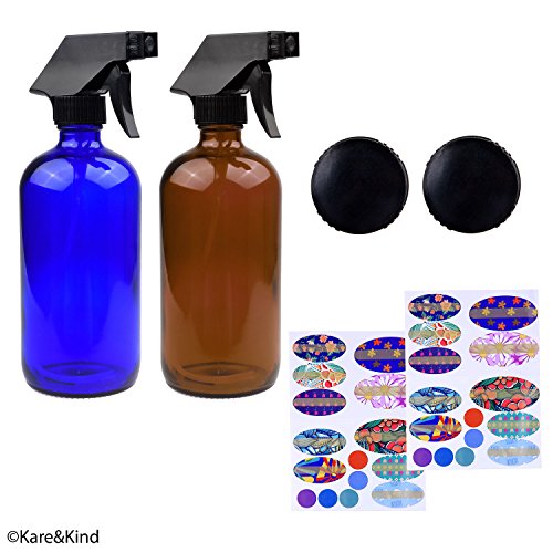Essential Oil Bottle Kit. 2 Essential Oil Bottles 240ml/8oz (Cobalt Blue and Amber Brown), 2 Trigger Sprayers with Fine Mist, Powerful Stream and 'Off' Settings, 2 Storage Caps, 78 Labels. - view 6