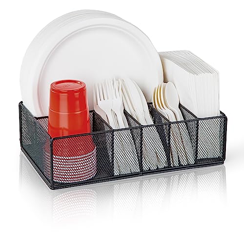 Paper Plate Organizer for Countertop, Metal Silverware Caddy for Cup, Napkin, Fork, Spoon, Paper Plate and Utensil Holder, Cutlery Caddy for Party, Camping, Picnic (Black)