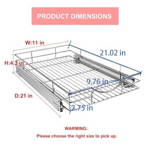 Pull Out Cabinet Organizer 11" W x 21" D, Heavy Duty Kitchen Cabinet Pull Out Shelves, Slide Out Wire Basket for Kitchen Cabinets, Bathroom, Pantry, Chrome Finish - view 2