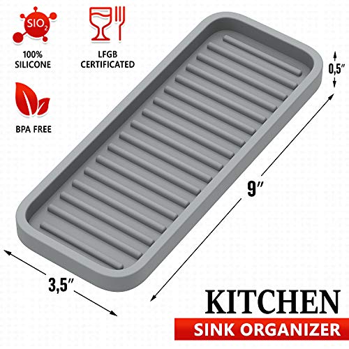 ZAPPOWARE Silicone Kitchen Sink Caddy Sponge Holder 9x3.5 (2-pack) Gray - Bathroom Vanity Tray Organizer, Kitchen Soap Tray for Dish Scrubber, Soap Dispenser and Sponge - view 2
