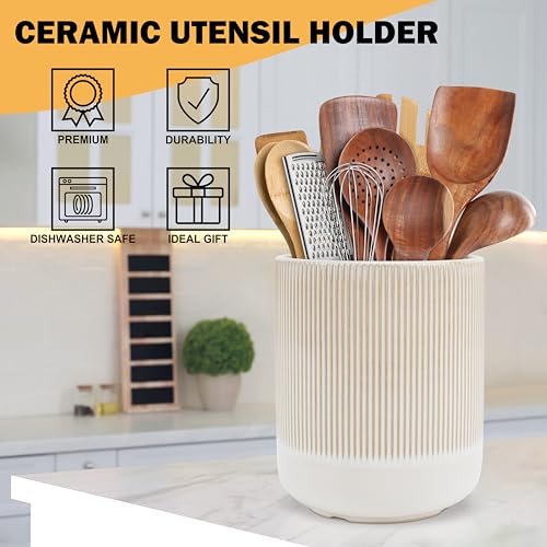Kitchen Utensils Holder Large,Ceramic Utensil Organizer for Countertop,Morden Utensil Crock for Spoon Spatula,Home Kitchen Decor (Light Coffee) - view 2