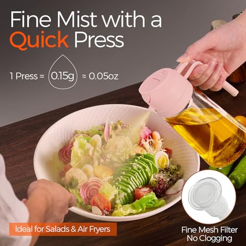 16oz/470ml Glass Olive Oil Sprayer for Cooking with Stickers, 2 in 1 Oil Dispenser for Kitchen Gadgets, Food Grade Premium Spray Bottle for Salad, Frying, BBQ (PeachPink) - view 3