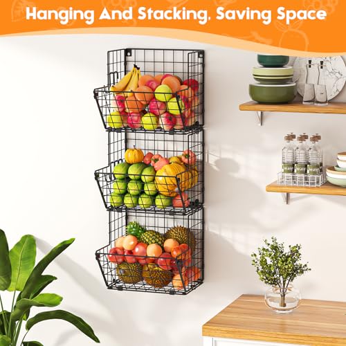 Metal Wire Basket Wall Mount, 3 Tier Wall Storage Organizer with 5 S Hooks, Kitchen Fruits and Vegetables Bin Toys Organizer Hanging Basket Black (S (10.83" L x 10.63" W x 30" H)) - view 2