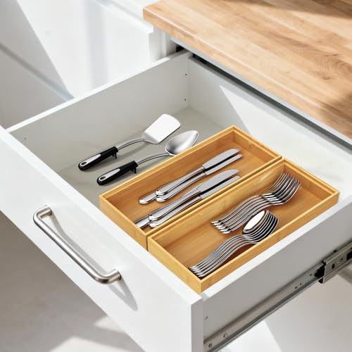 Bamboo Drawer Organizer, Stackable Utensil Trays for Kitchen, Wood Silverware Organizer for Drawer, Set of 2-15"x6"x2" - view 4
