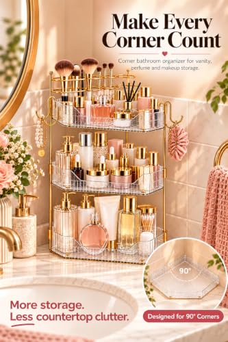 3-Tier Corner Makeup Organizer Countertop, Bathroom Counter Organizer with Removable Brush Holder, Upgraded Shrimmering Vanity Organizer & Shelf for Skincare, Perfume and Bathroom Storage - view 3