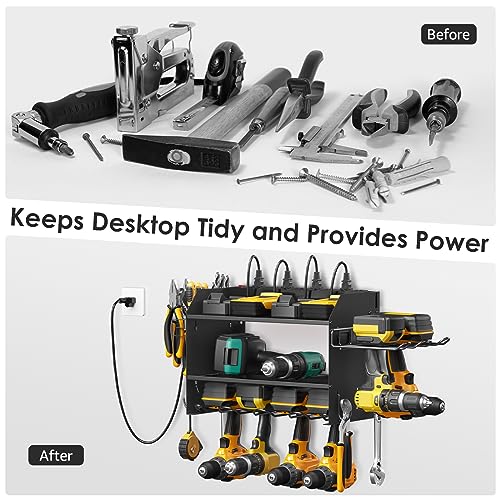 Modular Power Tool Organizer Wall Mount Charging Station, Black 6 Drills Holder with 8 Plug Power Strip, Garage Drill Battery Heavy Duty Metal Shelf, Utility Rack with Hooks, Side Storage. - view 4