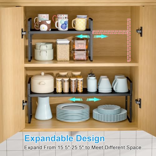 25.5 Inches 2 Pack Expandable Cabinet Shelves, Stackable Shelf Organizer for Kitchen Cabinet Countertop Storage, Adjustable Counter Cupboard Pantry Organizer Shelf Rack Stand Riser, Black - view 4