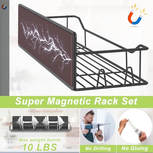 Magnetic Spice Rack for Refrigerator, 2 Pack Strong Magnet Spice Organizer Shelves with Hooks, Magnetic Fridge Shelf for Kitchen Organization and Storage, Seasoning Organizer Gadgets (Black) - view 3