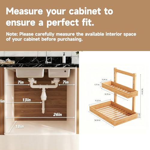 Bamboo Undersink Organizer Storage - 2-Tier Cabinet Shelf with Adjustable Levels, Under Sink Storage Slide Out for Cabinet Pantry Kitchen Bathroom (Natural, 1 Pack) - view 2