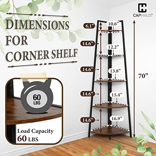 5-Tier Corner Shelf Stand, Tall Display Shelves, Ladder Corner Wood Storage Plant Bookshelf with Metal Frame, Versatile Shelving Unit Bookcase for Home Office Space, Rustic Oak - view 2