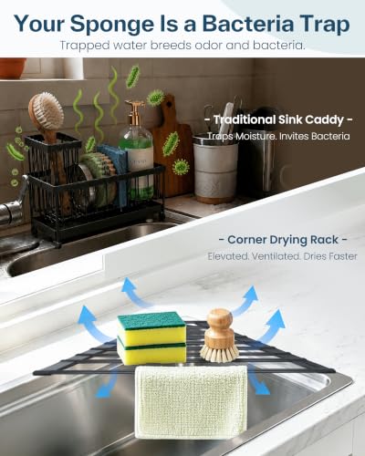 Corner Sink Caddy, Sponge Holder for Kitchen Sink Organizer - Silicone Wrapped Steel Anti Slip Rust Triangle Over the Sink Roll-UP Dish Drying Rack for Sink Corner Kitchen Sink Accessories - view 3